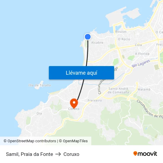 Samil, Praia da Fonte to Coruxo map