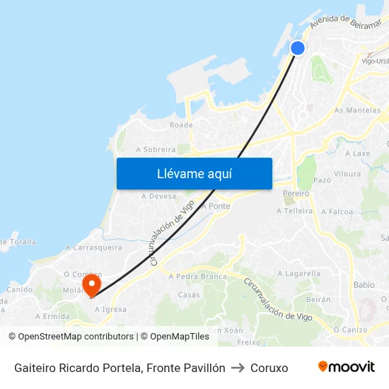 Gaiteiro Ricardo Portela, Fronte Pavillón to Coruxo map