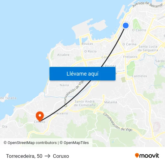 Torrecedeira, 50 to Coruxo map