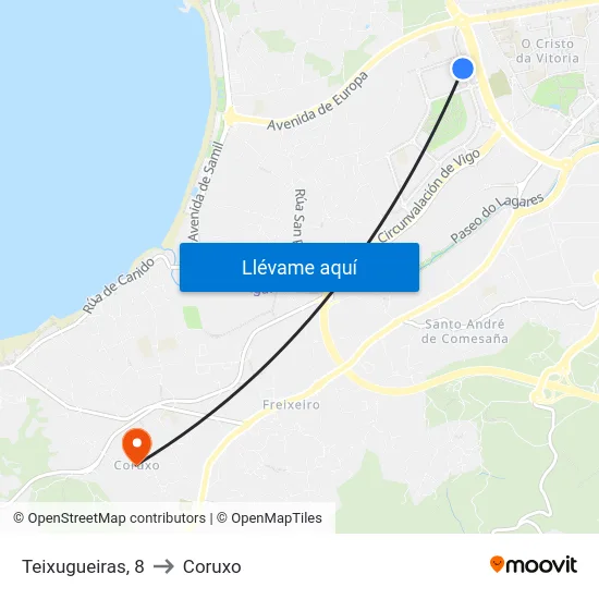 Teixugueiras, 8 to Coruxo map