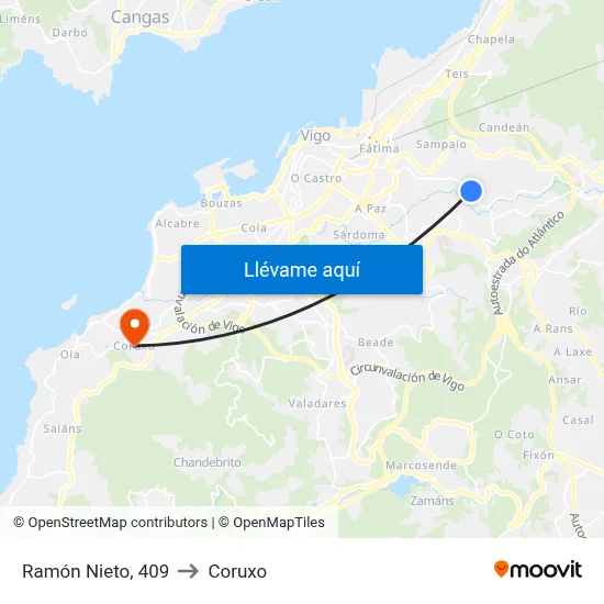 Ramón Nieto, 409 to Coruxo map