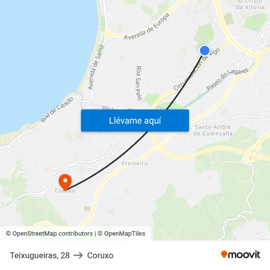 Teixugueiras, 28 to Coruxo map