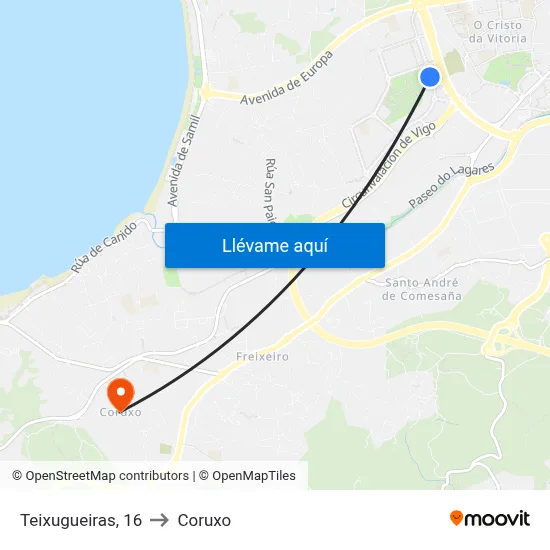 Teixugueiras, 16 to Coruxo map