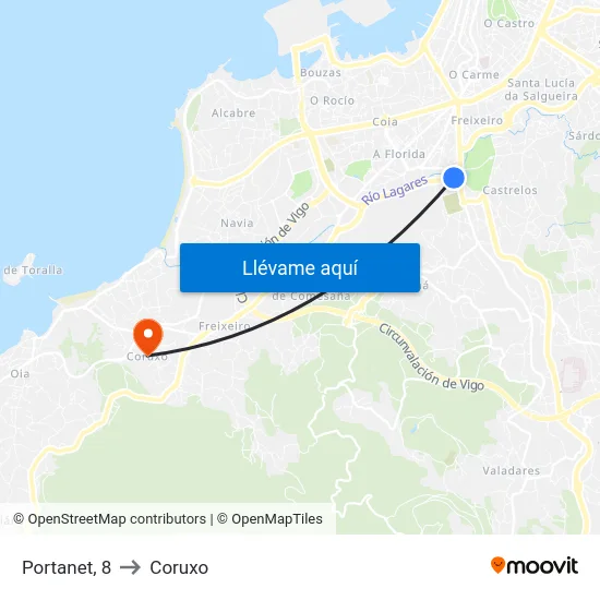 Portanet, 8 to Coruxo map