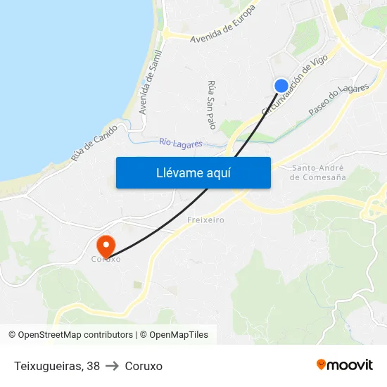 Teixugueiras, 38 to Coruxo map