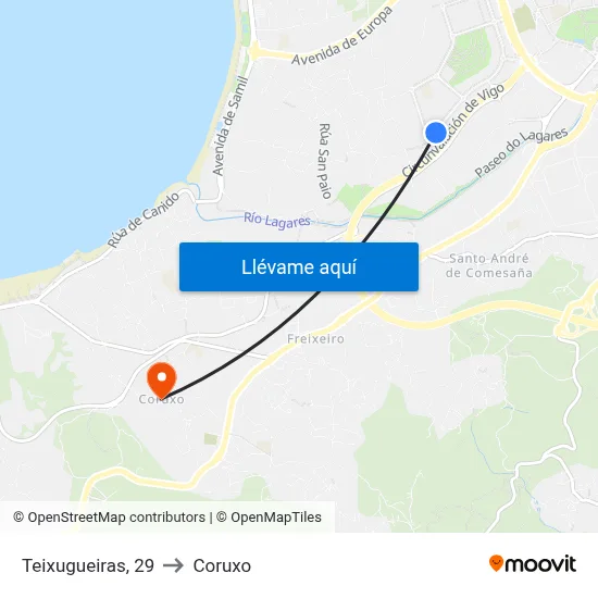 Teixugueiras, 29 to Coruxo map