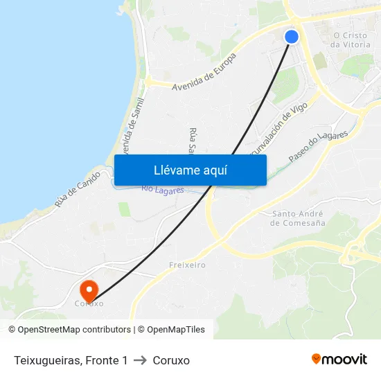 Teixugueiras, Fronte 1 to Coruxo map