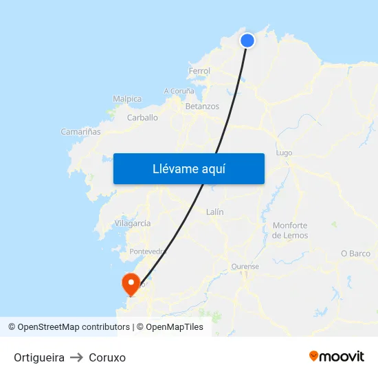 Ortigueira to Coruxo map