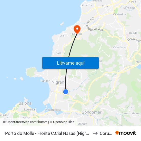 Porto do Molle - Fronte C.Cial Nasas (Nigrán) to Coruxo map