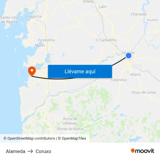 Alameda to Coruxo map