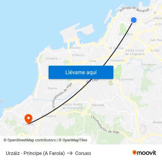 Urzáiz - Príncipe (A Farola) to Coruxo map