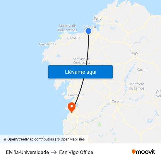 Elviña-Universidade to Esn Vigo Office map