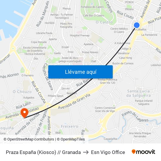 Praza España (Kiosco) // Granada to Esn Vigo Office map