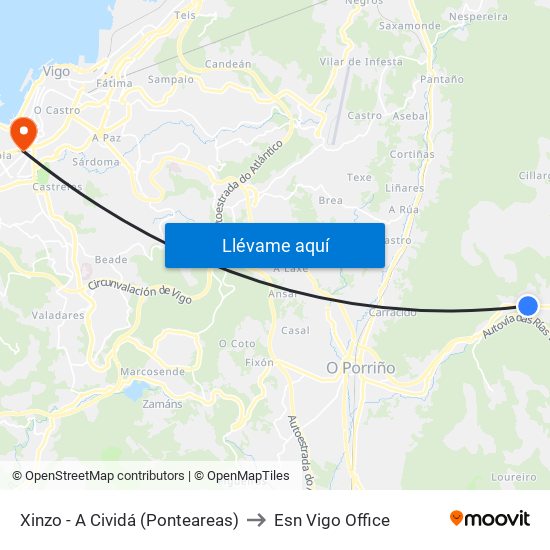 Xinzo - A Cividá (Ponteareas) to Esn Vigo Office map