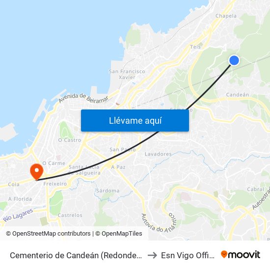 Cementerio de Candeán (Redondela) to Esn Vigo Office map