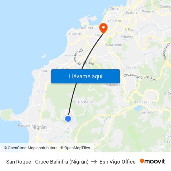 San Roque - Cruce Balinfra (Nigrán) to Esn Vigo Office map