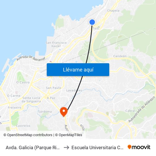 Avda. Galicia (Parque Riouxa) // A Granxa to Escuela Universitaria Ceu de Magisterio map