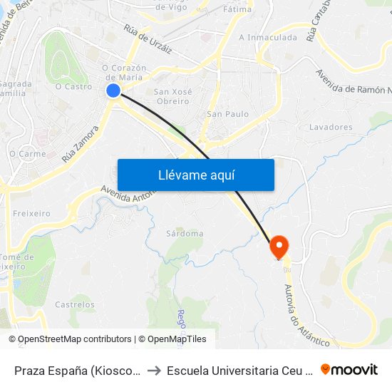 Praza España (Kiosco) // Granada to Escuela Universitaria Ceu de Magisterio map