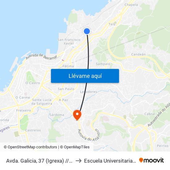 Avda. Galicia, 37 (Igrexa) // O Campo do Cangueiro to Escuela Universitaria Ceu de Magisterio map