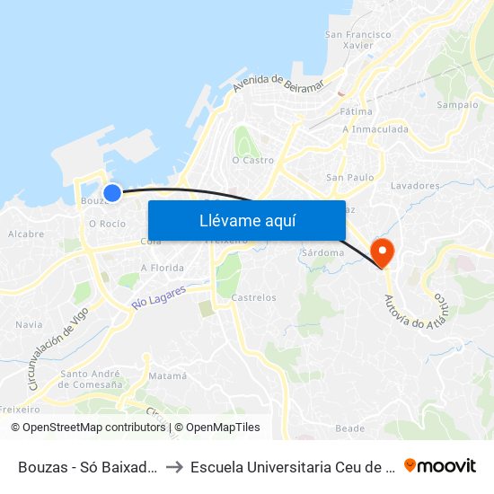 Bouzas - Só Baixada (Vigo) to Escuela Universitaria Ceu de Magisterio map