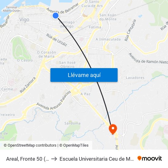 Areal, Fronte 50 (Vigo) to Escuela Universitaria Ceu de Magisterio map