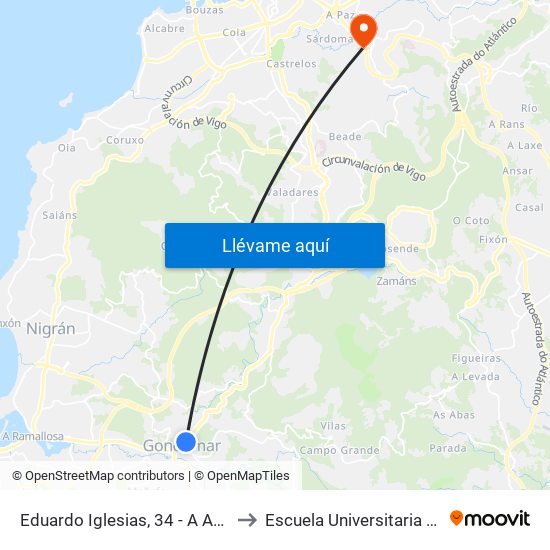 Eduardo Iglesias, 34 - A Ameixeira (Gondomar) to Escuela Universitaria Ceu de Magisterio map
