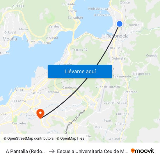A Pantalla (Redondela) to Escuela Universitaria Ceu de Magisterio map