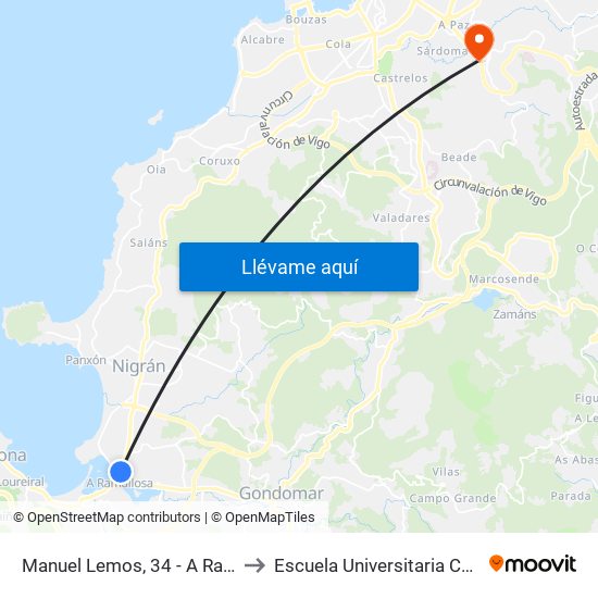 Manuel Lemos, 34 - A Ramallosa (Nigrán) to Escuela Universitaria Ceu de Magisterio map