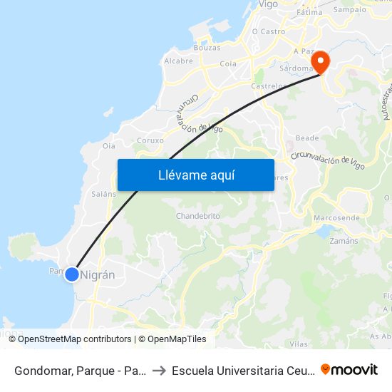 Gondomar, Parque - Panxón (Nigrán) to Escuela Universitaria Ceu de Magisterio map