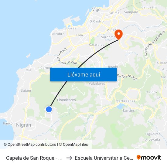 Capela de San Roque - Camos (Nigrán) to Escuela Universitaria Ceu de Magisterio map