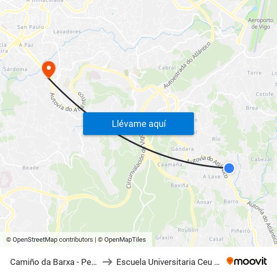 Camiño da Barxa - Petelos (Mos) to Escuela Universitaria Ceu de Magisterio map