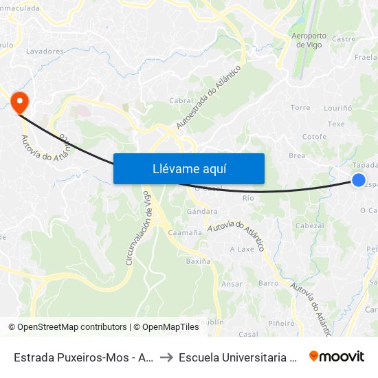 Estrada Puxeiros-Mos - Alto Barreiros (Mos) to Escuela Universitaria Ceu de Magisterio map