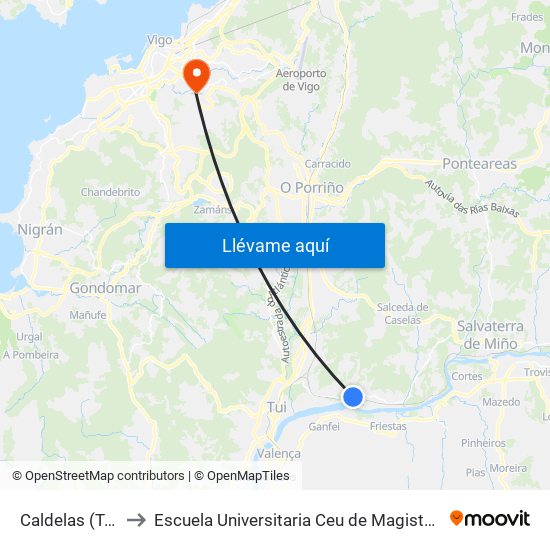 Caldelas (Tui) to Escuela Universitaria Ceu de Magisterio map