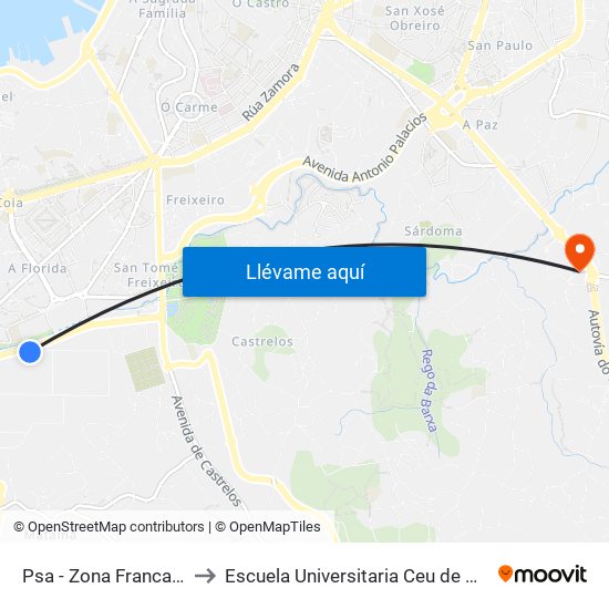 Psa - Zona Franca (Vigo) to Escuela Universitaria Ceu de Magisterio map