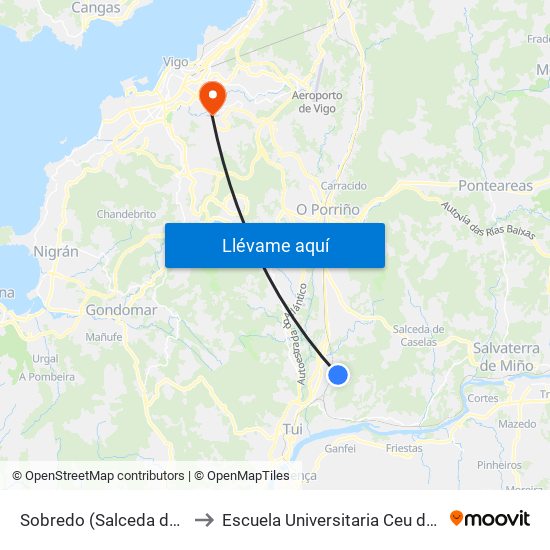 Sobredo (Salceda de Caselas) to Escuela Universitaria Ceu de Magisterio map