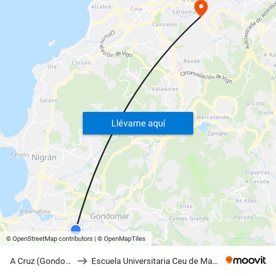 A Cruz (Gondomar) to Escuela Universitaria Ceu de Magisterio map