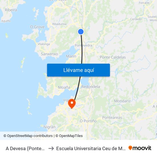A Devesa (Pontevedra) to Escuela Universitaria Ceu de Magisterio map