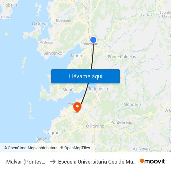 Malvar (Pontevedra) to Escuela Universitaria Ceu de Magisterio map
