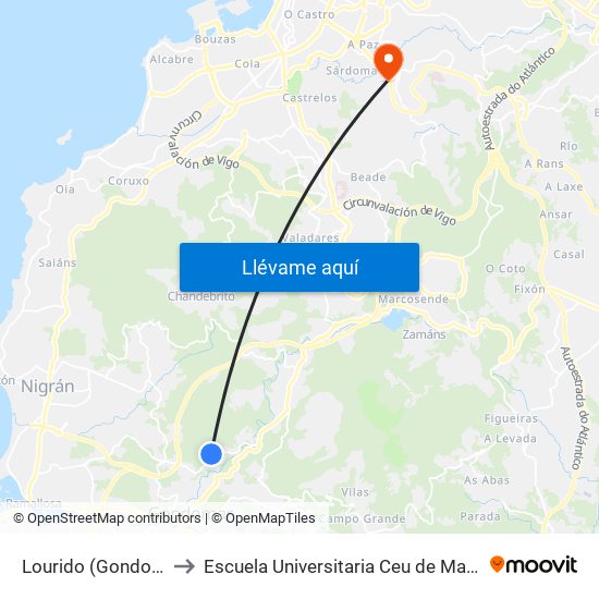 Lourido (Gondomar) to Escuela Universitaria Ceu de Magisterio map