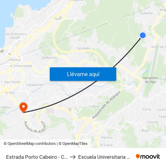 Estrada Porto Cabeiro - Colexio (Redondela) to Escuela Universitaria Ceu de Magisterio map