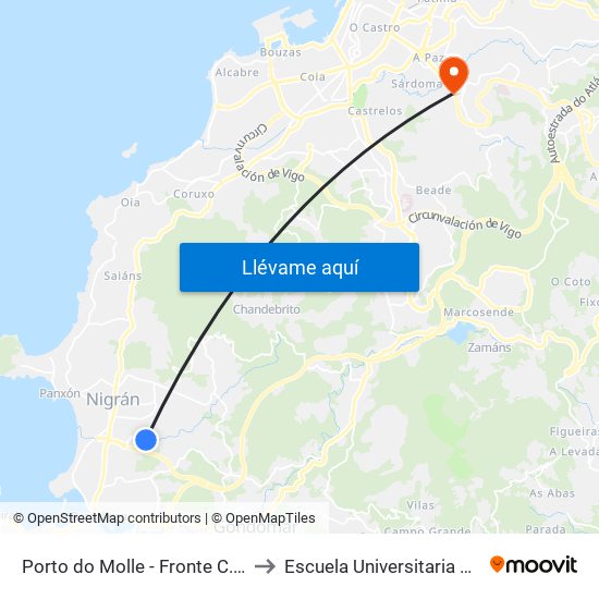 Porto do Molle - Fronte C.Cial Nasas (Nigrán) to Escuela Universitaria Ceu de Magisterio map