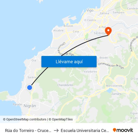 Rúa do Torreiro - Cruce Raña (Nigrán) to Escuela Universitaria Ceu de Magisterio map