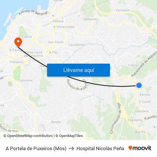 A Portela de Puxeiros (Mos) to Hospital Nicolás Peña map
