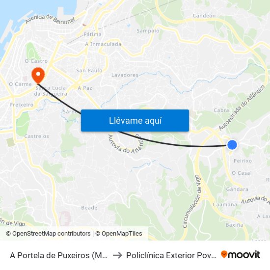A Portela de Puxeiros (Mos) to Policlínica Exterior Povisa map