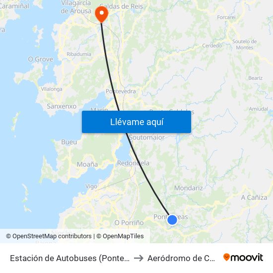 Estación de Autobuses (Ponteareas) to Aeródromo de Caldas map