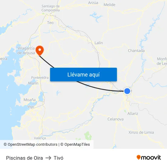 Piscinas de Oira to Tivó map