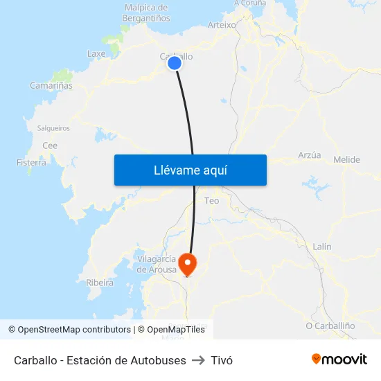 Carballo - Estación de Autobuses to Tivó map
