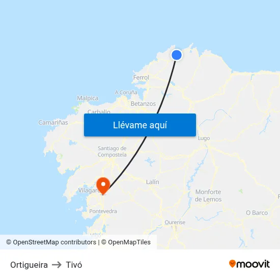Ortigueira to Tivó map