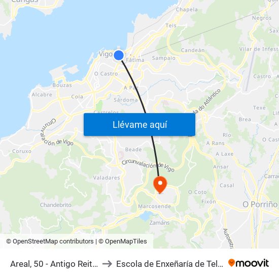 Areal, 50 - Antigo Reitorado (Vigo) to Escola de Enxeñaría de Telecomunicación map