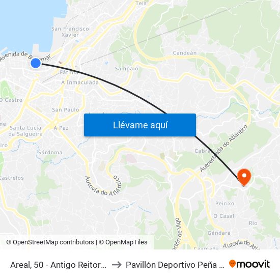 Areal, 50 - Antigo Reitorado (Vigo) to Pavillón Deportivo Peña de Francia map